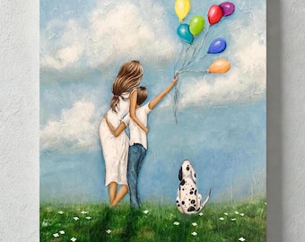 Mother, son dog painting, colorful original hand painted family wall art