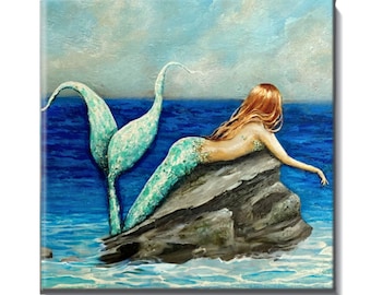 Red hair mermaid ceramic tile, ocean home decor