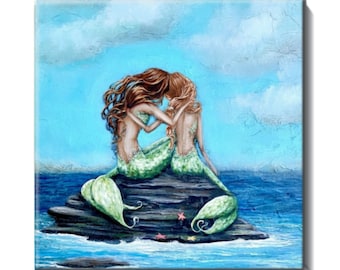 Mother and daughter mermaids ceramic art tile