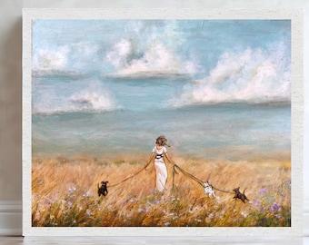 Dogwalker print, Woman walking three dogs in nature art