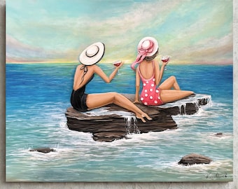 Original Beach Painting, Two Women with Wine in Vintage Swimsuits on Coastal Rock