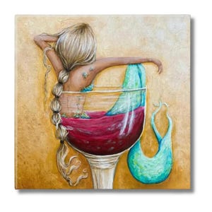 mermaid in wine glass ceramic tile, coastal beach house kitchen backsplash art