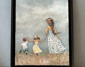 Mother son daughter painting, framed original family canvas art