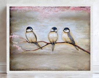 Three Chickadees art print, Birds on cherry tree branch