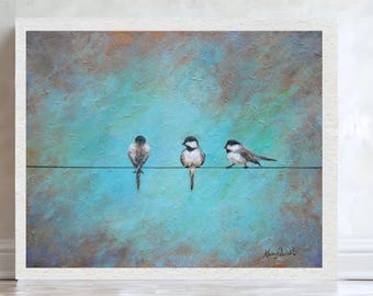 Birds on a wire art, Chickadee print