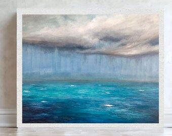 Ocean rain storm art print, Serene coastal wall decor