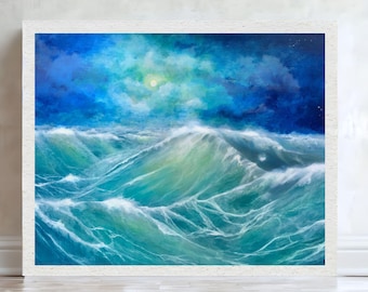 Ocean turbulent waves art print, Coastal moon wall decor