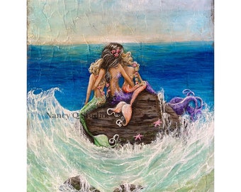 Mermaid family print, mother and daughters art, coastal home wall decor