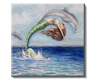 Mermaid dolphin tile, beach house decor, backsplash coastal art
