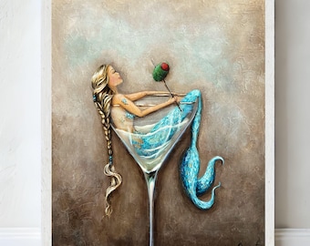 Mermaid in martini glass art print, coastal kitchen bar wall decor