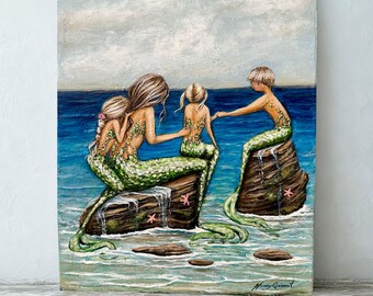 Family mermaid canvas painting, mother, daughters and son coastal wall art