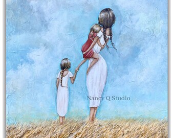 mom and two daughters painting, mothers love hand painted art