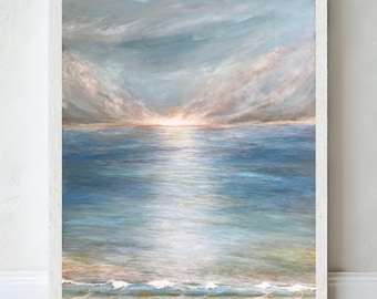 Calm ocean sunset print, Peaceful coastal art wall decor