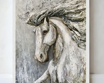 White horse painting reproduction, stallion art print