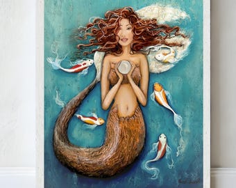 Mermaid koi art print, painting reproduction