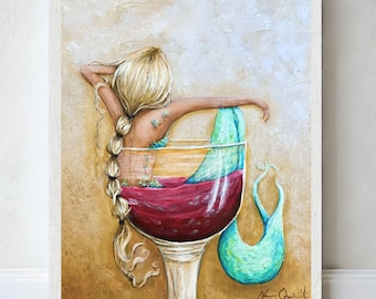 Mermaid in wine glass art print, Coastal kitchen bar art