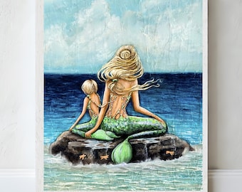 Mother, daughter blonde mermaids art print