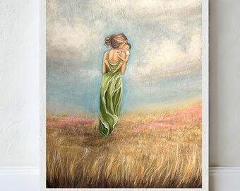 Mother holding son wall art print, family love in nature wall decor