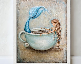 Mermaid in coffee mug art print, Coastal decor