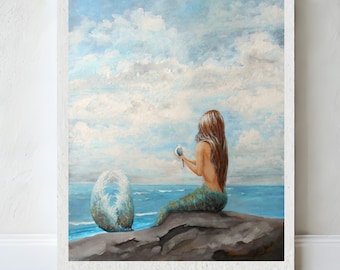 Mermaid & Seagull Art Print, Coastal Fantasy Decor, Beach House Wall Art