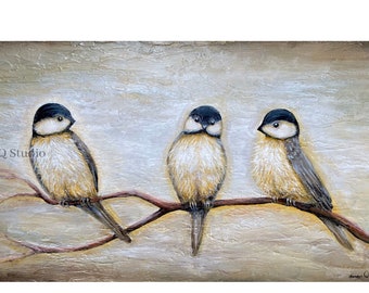 Three chickadees painting print,  neutral colored cute bird art