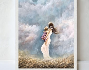Mom holding daughter cloud print, Mother's love art