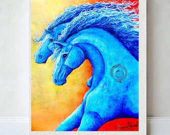 Running horses art print, Gratitude symbol