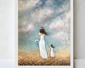 Mother and daughter art print, brown hair