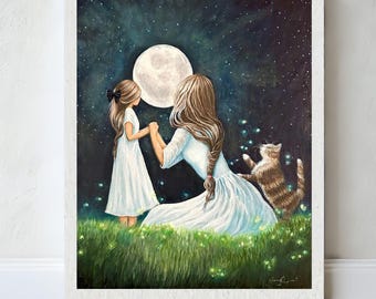 Full moon mom daughter print, Cat and fireflies family art