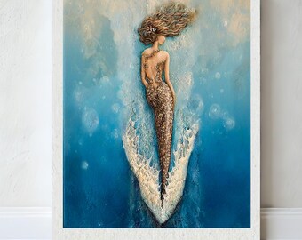 Floating mermaid print, calming water art