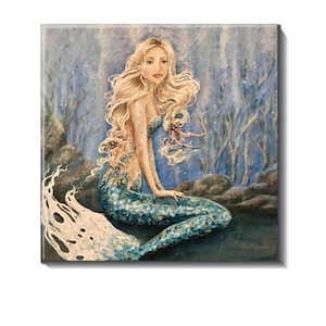 Mermaid tile, coastal beach home decor, backsplash ceramic ocean tile