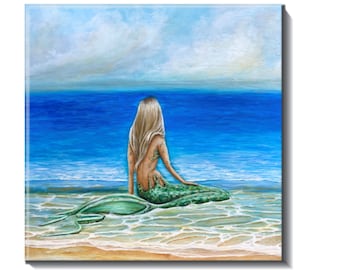 Blonde Mermaid beach ceramic tile, decorative coastal home decor, backsplash for kitchen or bathroom