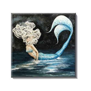 Mermaid ceramic tile on beach at night, coastal home backsplash art