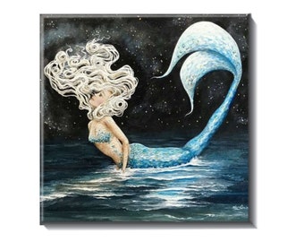 Mermaid ceramic tile on beach at night, coastal home backsplash art