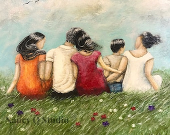 Family of five painting print, parents with children wall art