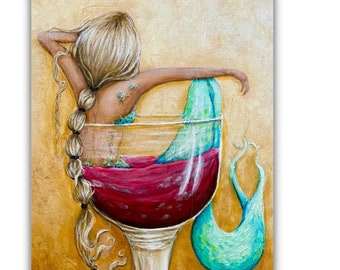Mermaid sitting in red glass of wine print