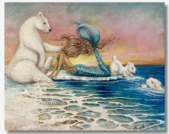 Mermaid polar bear original painting Arctic Ocean art on canvas gift for girl