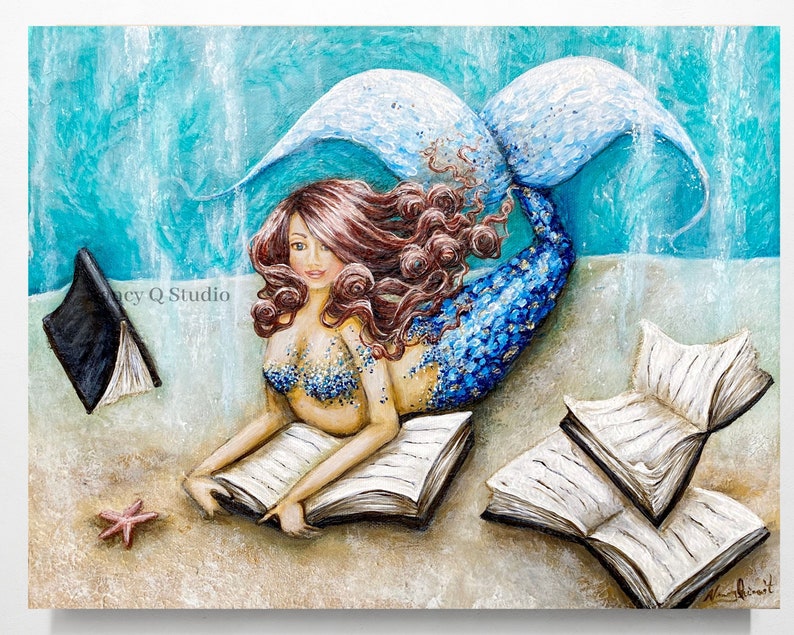 book art Mermaid reading painting on canvas beach house coastal decor