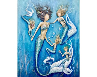 Mermaid family art, sisters coastal wall art, cousins painting print