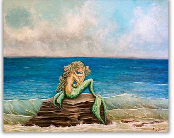 Mother and daughter mermaid art mom holding child coastal print different hair options