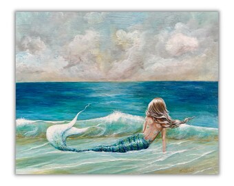 Mermaid art, beach painting print, ocean decor