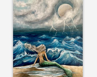 Mermaid coastal storm art, fantasy ocean waves print