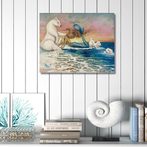 Mermaid polar bear original painting Arctic Ocean art on canvas gift for girl image 6