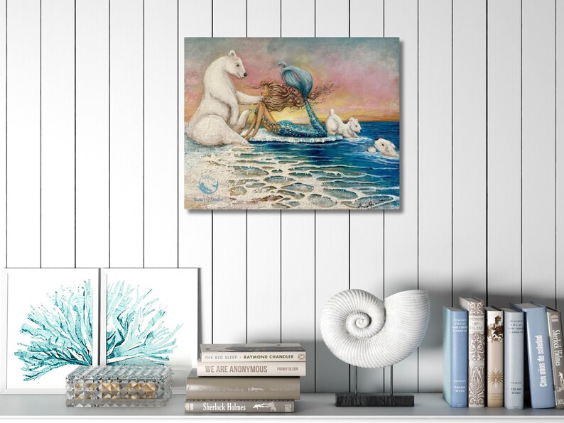 Mermaid polar bear original painting Arctic Ocean art on canvas gift for girl image 6