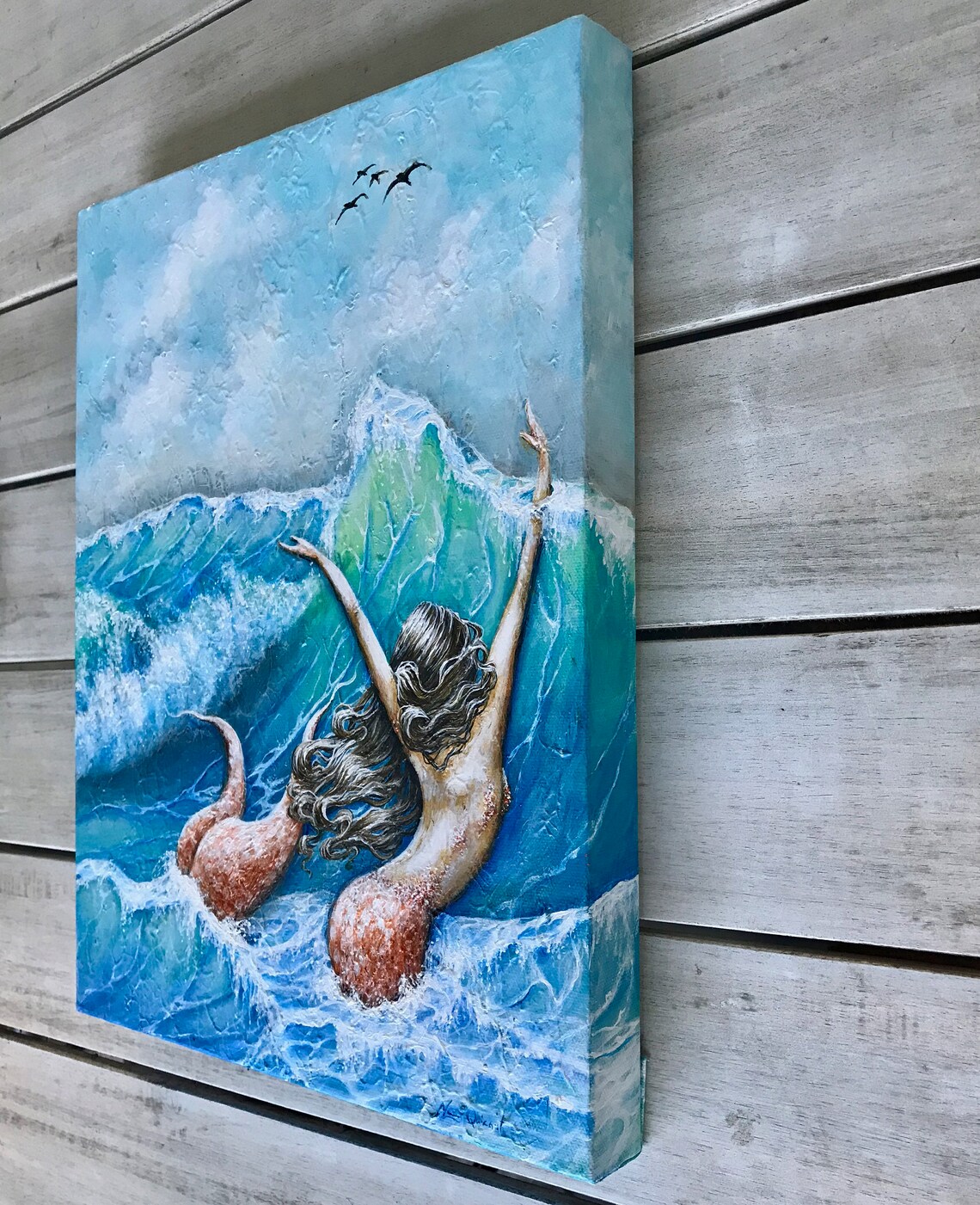 Mermaid canvas painting ocean wave fantasy art coastal decor Etsy