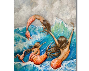 Mom and two daughter mermaid painting on canvas coastal hand painted art