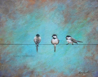 Birds on a wire art, Chickadee painting print, farmhouse wall decor