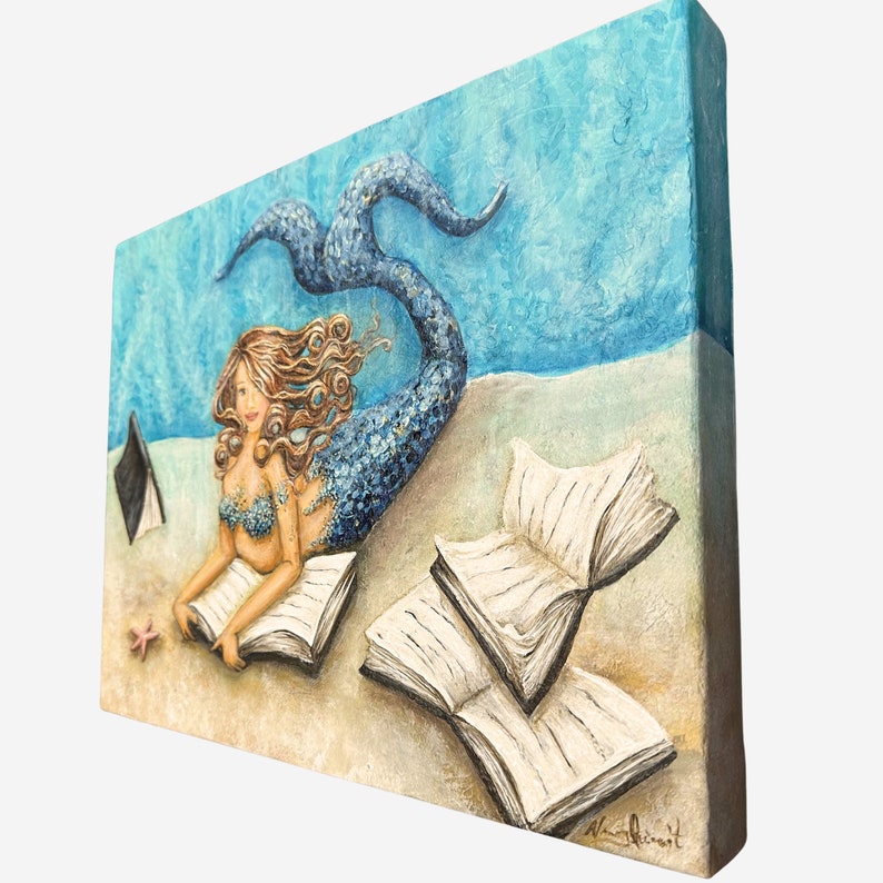 Mermaid reading book original painting on canvas coastal wall decor image 7