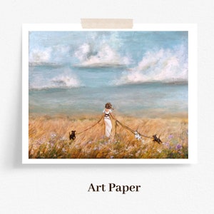 Woman walking three dogs in nature art print Matte Art Paper
