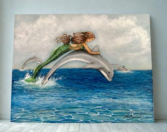 Mermaid and Dolphin Painting on Canvas, Original Coastal Wall Art